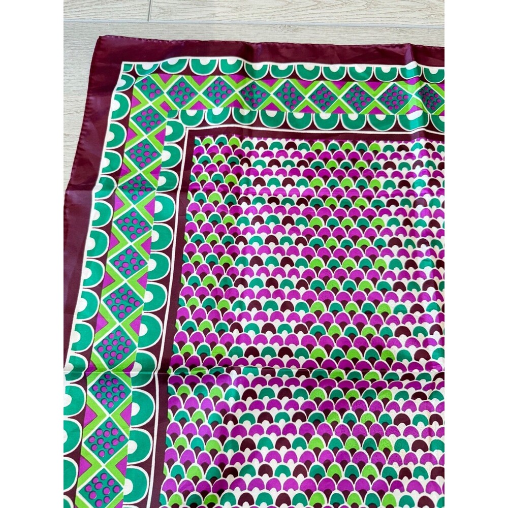 Vintage Sillook Japanese Geometric Scarf Scallop | Green and Purple | 27" Square - Picture 3 of 15